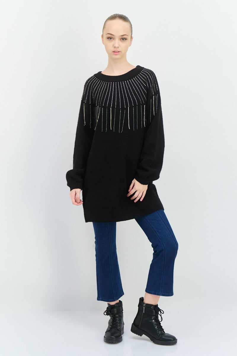 Aqua سويت شيرت نسائي مزخرف بأكمام طويلة، أسود - Image 4